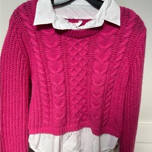 NOBO Hot Pink Twofer Sweater layered over a white collared shirt.